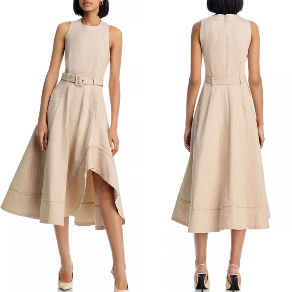 NWT Cinq a Sept 5a7 Belted Midi Dress - Brown Sugar/White Beige Oatmeal